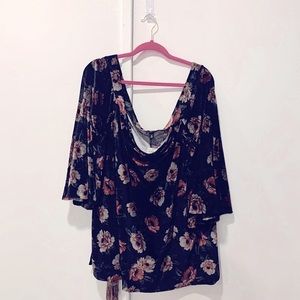 Floral Print Velvet Off Shoulder Bell Sleeve Top
